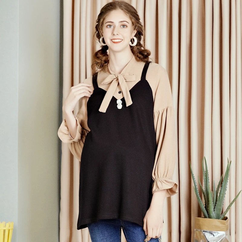 

2019 maternity dress autumn new fashion stand collar with lantern sleeves large size maternity shirt pregnancy shirt