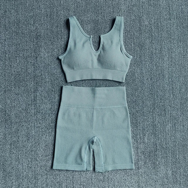 2/4/6PCS Seamless Women Yoga Set Workout Sportswear Fitness Bra Sport Pants Gym Clothing High Waist Leggings Shorts Sports Suits VBraShortsBlue