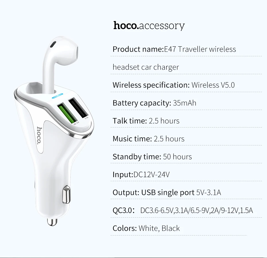 Беспроводное зарядное устройство HOCO 2 в 1 Bluetooth-наушник на одно ухо V5.0 двойной зарядное устройство USB QC2.0 QC3.0 автомобиля-Зарядное устройство для iPhone samsung Xiaomi huawei
