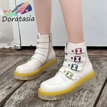 

DORATASIA Women Zipper Platform Chunky Heel Shoes Casual Daily Fashion Boots Women Mixed Color Round Toe Buckle Boots