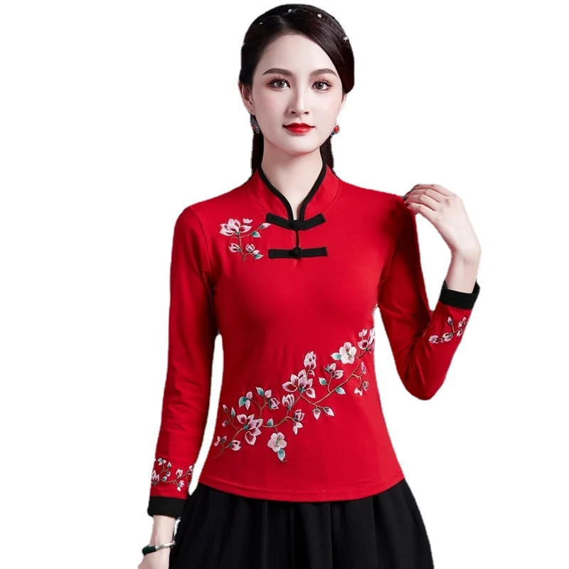Chinese Style Clothing Women Hanfu Vintage Shirt Ethnic Tunic Patchwork Blouse And Top Women Ladies Chinese Tops V1932 women chinese shirt