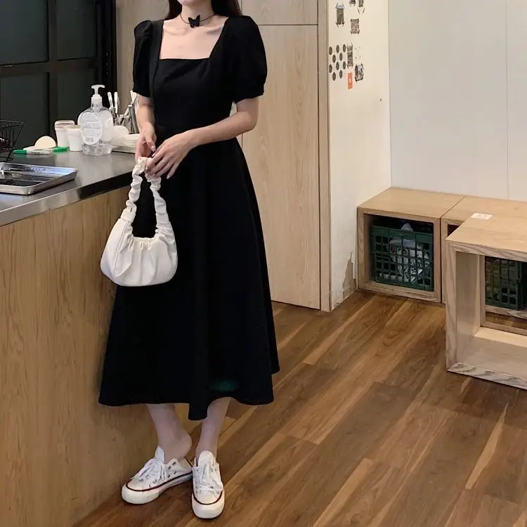 Dresses Women Solid Vintage Large Size 4XL A-Line Square Collar Drape Slim Puff Sleeve Korean Style Midi Sundress Female Trendy casual dresses