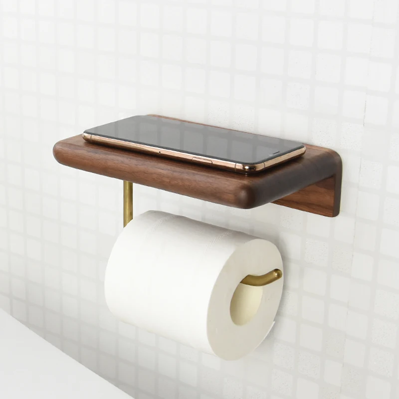 

Classical Wooden Black Walnut Brass Wall Hanging Type Roll Paper Holder Bathroom Wood Storage Rack