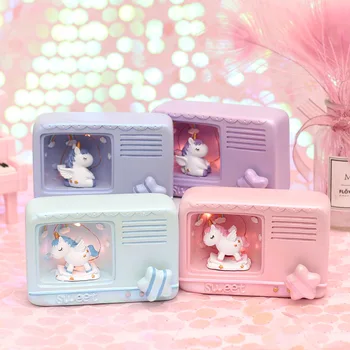 

4 colors Cute Unicorn Resin Led Night Lamp Kids Girl Battery Power Star Strings Lights Sky City Retro Music Box Lamp