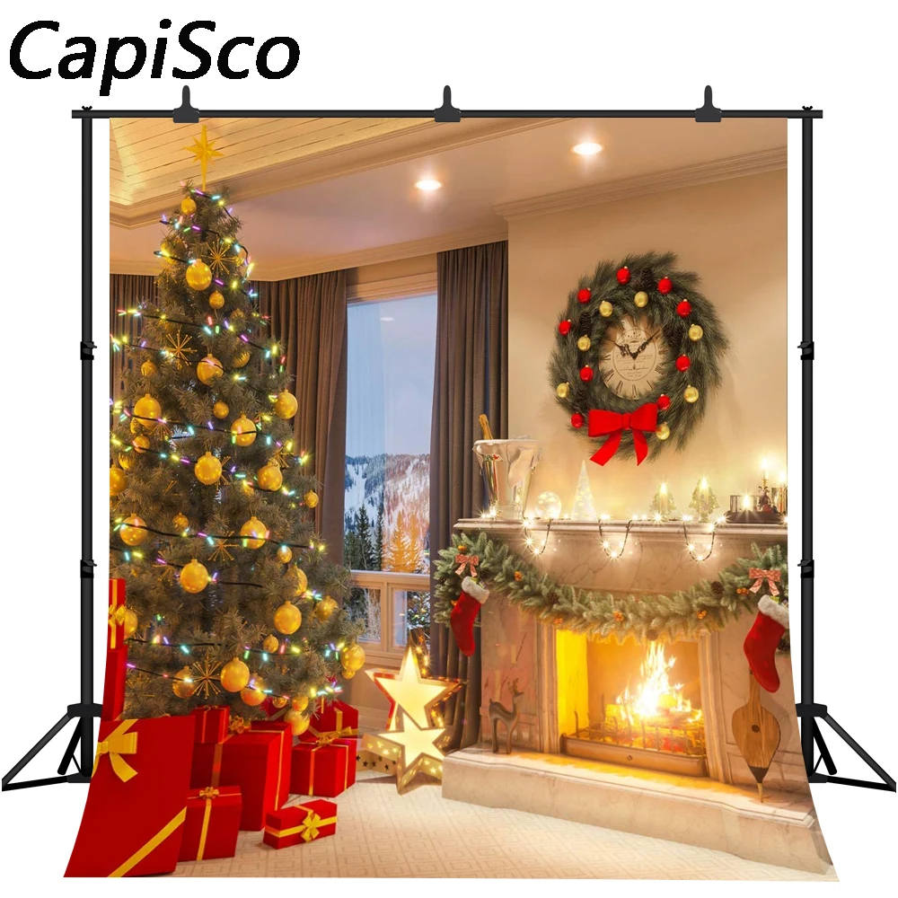 

Capisco Fireplace curtain wreath Christmas tree Decor Photography Backgrounds Customized Photographic Backdrops For Photo Studio