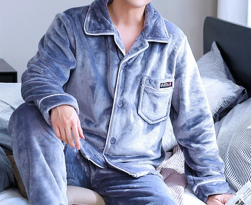 H5913 Молодежный пижамный комплект для мужчин, утолщенная фланелевая теплая одежда для сна, осенне-зимняя мужская одежда с длинными рукавами, большой размер, теплая домашняя одежда - Цвет: StyleD