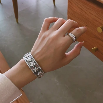 

Vintage Pentagram Bangle Real 925 Sterling Silver Retro Wide Star Strand Luxury Bangle Adjustable Korean Women Fashion Bracelet