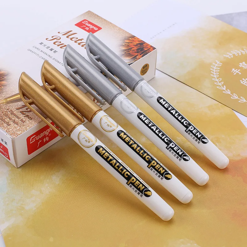 2Pcs DIY Metallic Waterproof Permanent Paint Marker Pens Gold Silver For Drawing Students Supplies Marker Craftwork Pen
