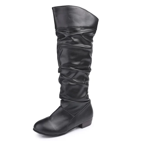 Women Autumn Boots PU Leather Knee-High Boots Solid Flat Shoes Round Toe Pleated Rome Ladies Winter Shoes Size 35-43