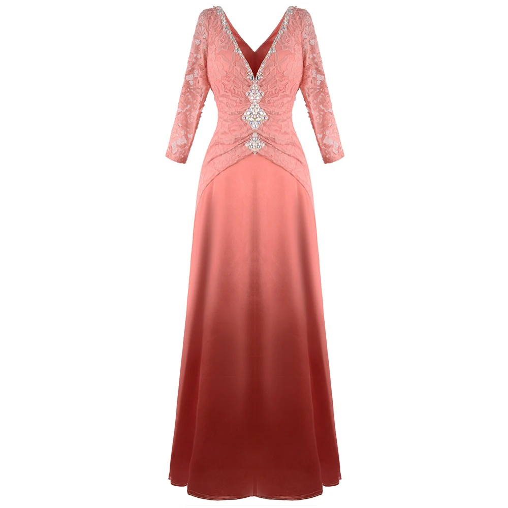 Angel-fashions женское элегантное вечернее платье с глубоким v-образным вырезом и бисером, плиссированное Кружевное Платье макси с длинными рукавами Коралловое J-190814-S
