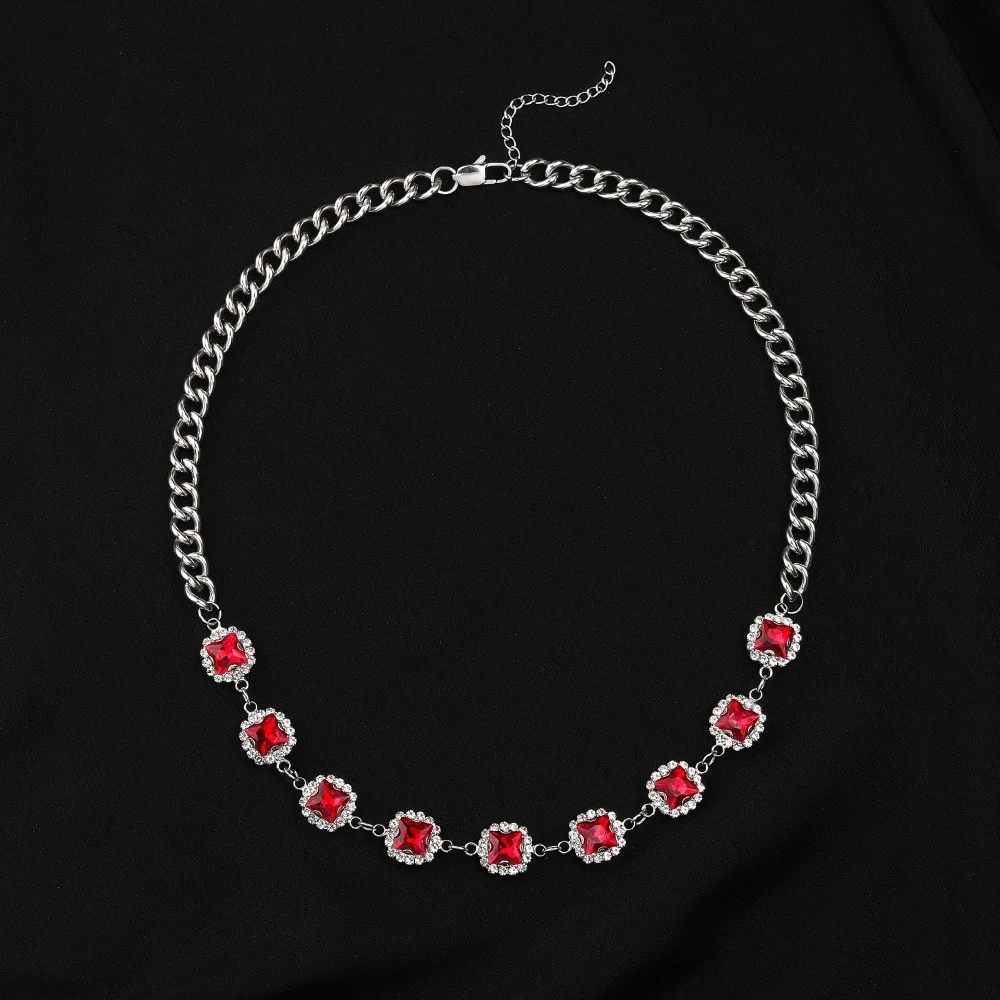 Luxury Red Gems Stone Crystal Chain Necklace Cuban Necklace for Men Women Hip Hop Necklace Iced Out Chain Hip Hop Jewelry Gifts