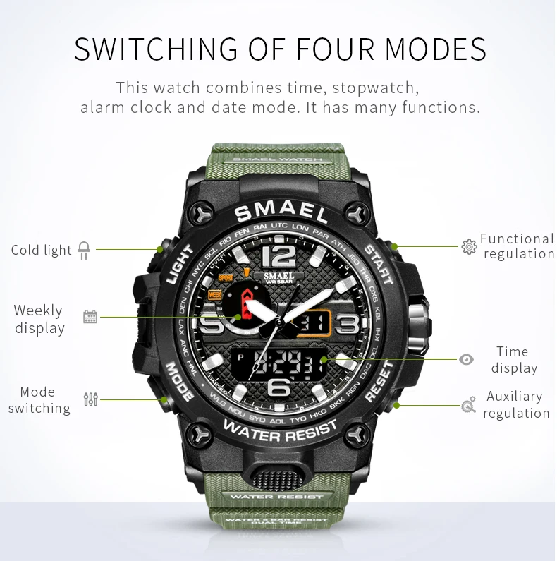 SMAEL Watches For Men 50M Waterproof Clock Alarm reloj hombre 1545D Dual Display Wristwatch Quartz Military Watch Sport New Mens