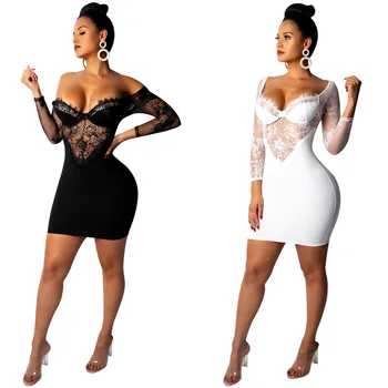 

BacklakeGirls 2020 Sexy White Black Lace Open Back Long Sleeve Cocktail Dress Off Shoulder V Neck Woman Dress Robe Sexy