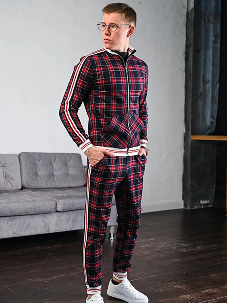 Men's 3D print Men Set Long Sleeve stripe Zipper jacket suit grid two-piece patchwork zipper hooded coat trouser suit Sportswear Men's 3D print Men Set Long Sleeve stripe Zipper jacket suit grid two-piece patchwork zipper hooded coat trouser suit Sportswear