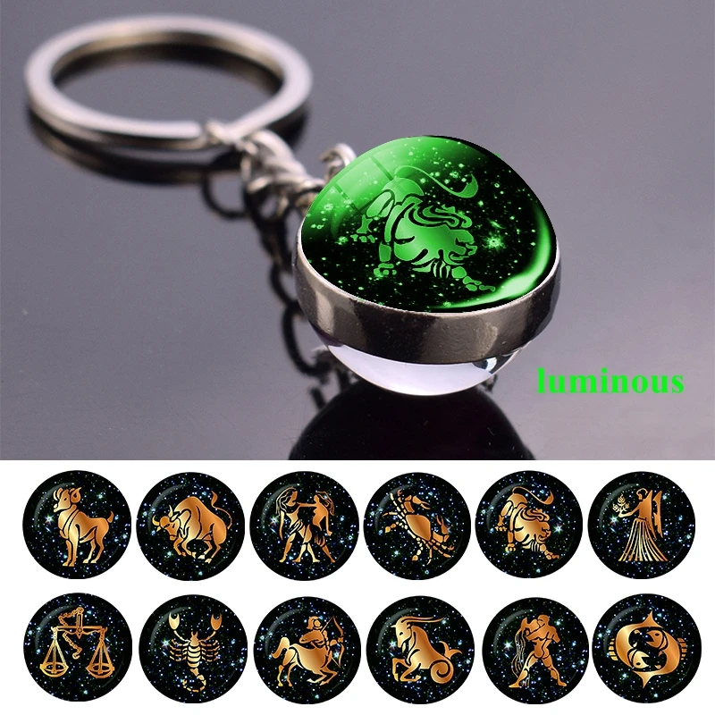 Keychain Keyholder Glass-Ball Birthday-Gift Luminous-Zodiac Trinkets Women Glow-In-The-Dark