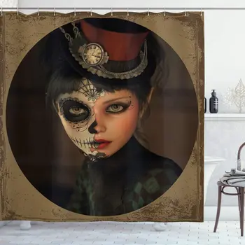 

Antique Portrait Girl with Calavera Inspired Makeup and Topper Realistic, Fabric Bathroom Decor Set with Hooks