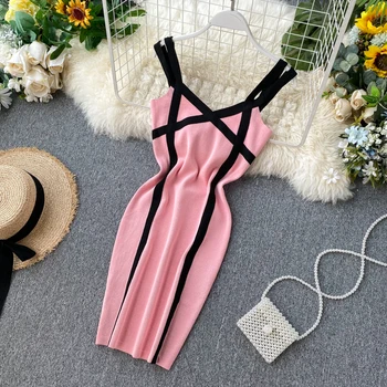 

Button Patchwork Slim V Neck Sexy Summer Knit Mini Short Bodycon Dress Spaghetti Strap Women Casual Night Club Party Vestidos