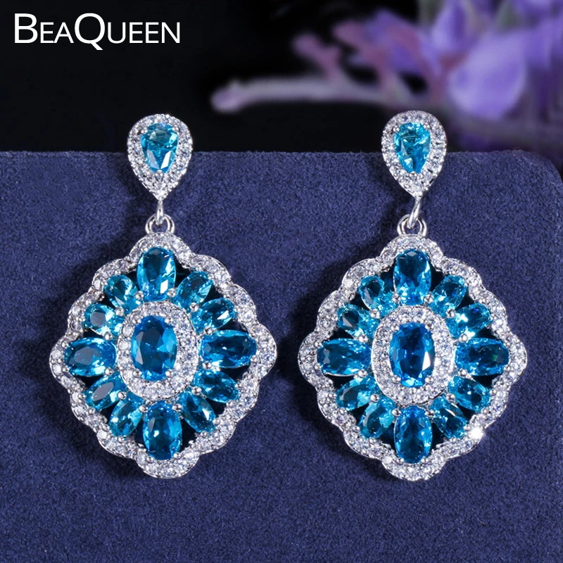 

BeaQueen Rhombic Shape Big Light Blue Cubic Zircon Stone and CZ Crystal Nigerian Drop Earrings Women Wedding Jewelry E019