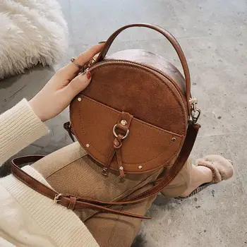

Vintage Scrub Leather Round Designer Crossbody Bag For Women 2020 PU Leather Shoulder Bags Ladies Small Handbags Tote Bag F-599