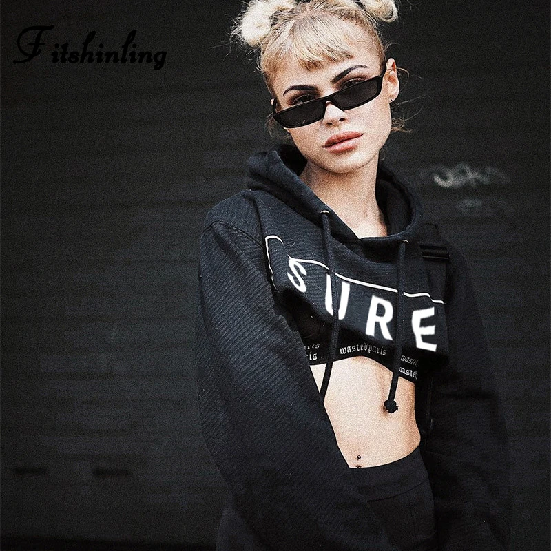 

Fitshinling Streetwear Harajuku Cropped Hoodie Autumn Winter Black Hoody Long Sleeve Fashion Slim Female Sweatshirt With Hooded