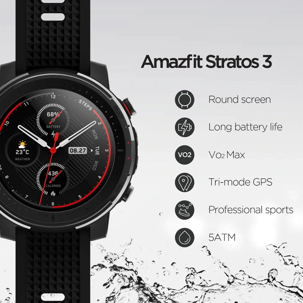 Предпродажа глобальная версия AMAZFIT Stratos 3 gps 5ATM водонепроницаемые смарт-спортивные часы 512 МБ/4 ГБ Смарт-часы для Android iOS