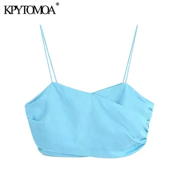 

KPYTOMOA Women 2020 Sexy Fashion Gathered Strappy Cropped Tank Top Vintage Backless Elastic Thin Straps Female Camis Chic Tops