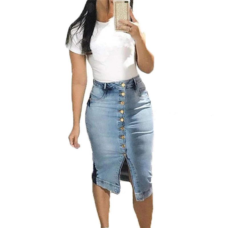 

Summer and Autumn Solid Midi Skirt Button Front Slit Hem Pocket Patch Denim Skirt Women Casual High Waist Pencil Skirt Ladies