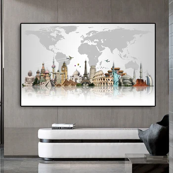 

World Famous Building Posters and Prints Wall Art World Tourist Attraction Map Modern Canvas Paintings Art Pictures Home Decor