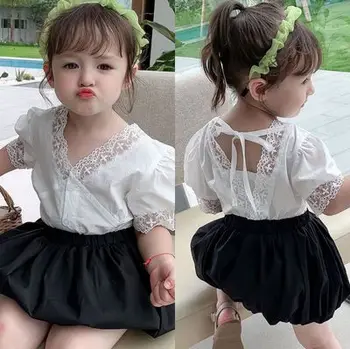

The new little princess 3-7 years children summer suit girl stitching lace short-sleeve top + bubble shorts girl two-piece suit