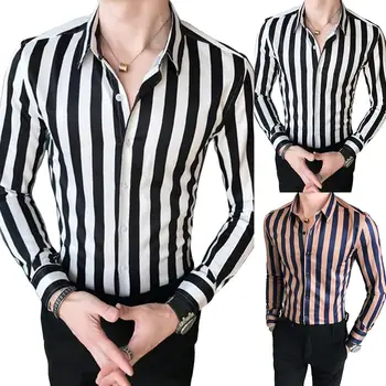 

Men Fashion Striped Long Sleeve Turndown Collar Button Blouse Shirt Top Shirts Men Male Slims Fit Shirt Chemise Homme Top Haraju