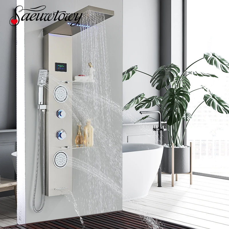 Colonne de Douche LED 113 cm Noir en Acier Inoxydable/ABS, Pluie