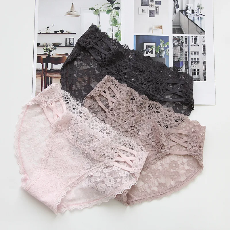 

Roseheart Women Fashion Pink Black Cotton Lace Trim Bow Mid Waist Panties Sexy Underwear Lingerie Briefs 3 Piece 3 Color M L