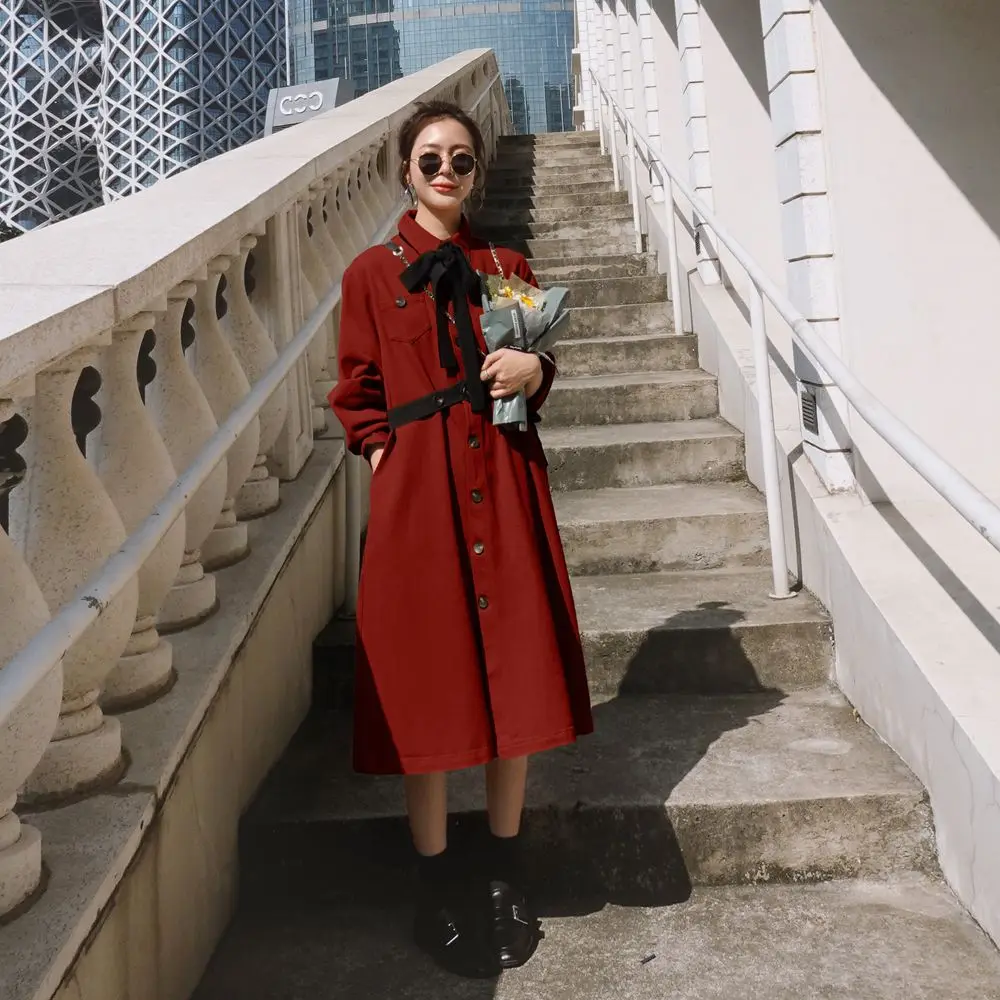 

Photo Shoot INS Elegant Bow Lace-up Shirt Dress 2020 Spring New Style WOMEN'S Dress Retro CHIC-Style Dress