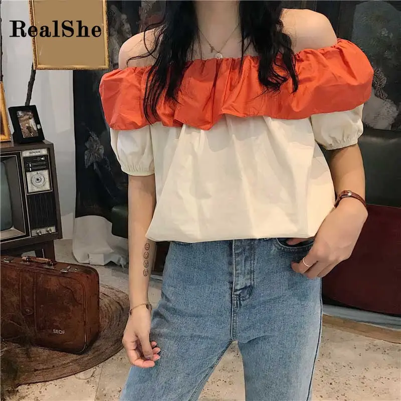 RealShe New Shirt Ladies Slash Neck Short Sleeve Spliced Blouse And Shirts Women Summer Casual Elegant Streetwear Shirt And Tops