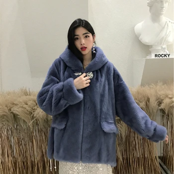 Copenheng, норковая шуба, женское обычное пальто с капюшоном, Зимняя Толстая теплая Женская норковая шуба - Цвет: light blue