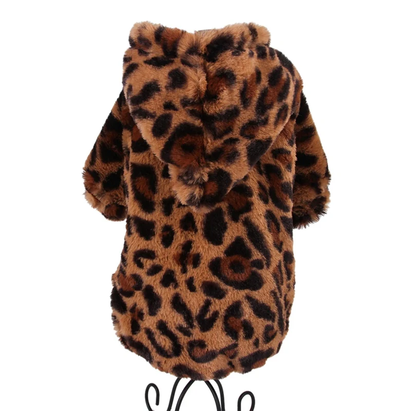 Pet теплая пушистая одежда пальто Леопардовый принт 2-legged костюм с капюшоном комбинезон для холодной погоды