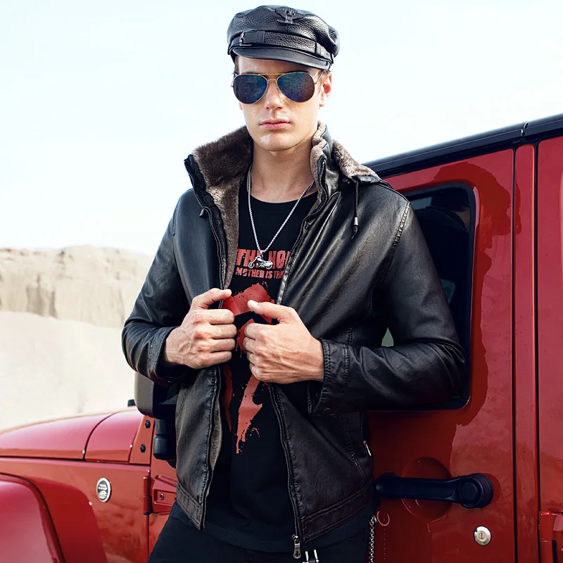 Новое поступление мужские кожаные куртки с капюшоном однотонные приталенные