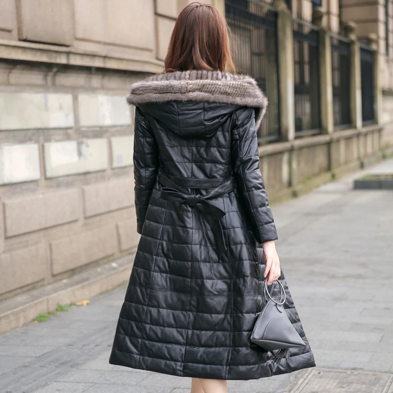 Winter New Women's Leather Jacket Long Down Jacket Mink Fur Collar Coat Thicken Fashion Slim Hooded Jackets Parka Female