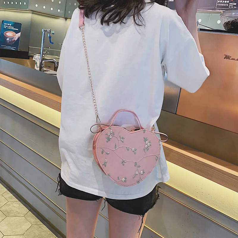 Новая корейская модная сумка-мессенджер, женская кожаная сумка на цепочке в форме сердца, женская сумка в ретро стиле, сумка на плечо с цветами для девочек