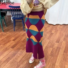 Neploe Ins контрастный цвет пэчворк ромбовидная решетка прямой свитер юбка вязаная Высокая талия хип Jupe Femme крест дизайн Ropa47642