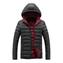 Men Solid Color Down Jacket Moto & Biker Warm Plus Velvet Thick Heated Jacket School Casual Hooded Coat Wear On Both Sides Coat