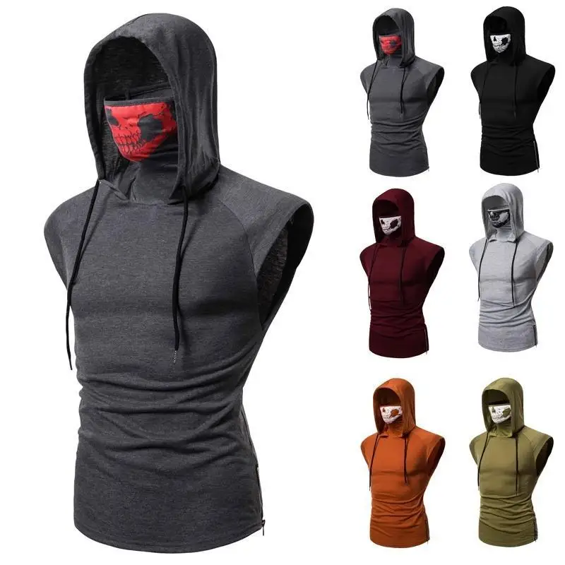 

2019 New Products Men's Large Size Hooded Vest-Style Masked High Collar Sleeveless T-shirt Male Vest