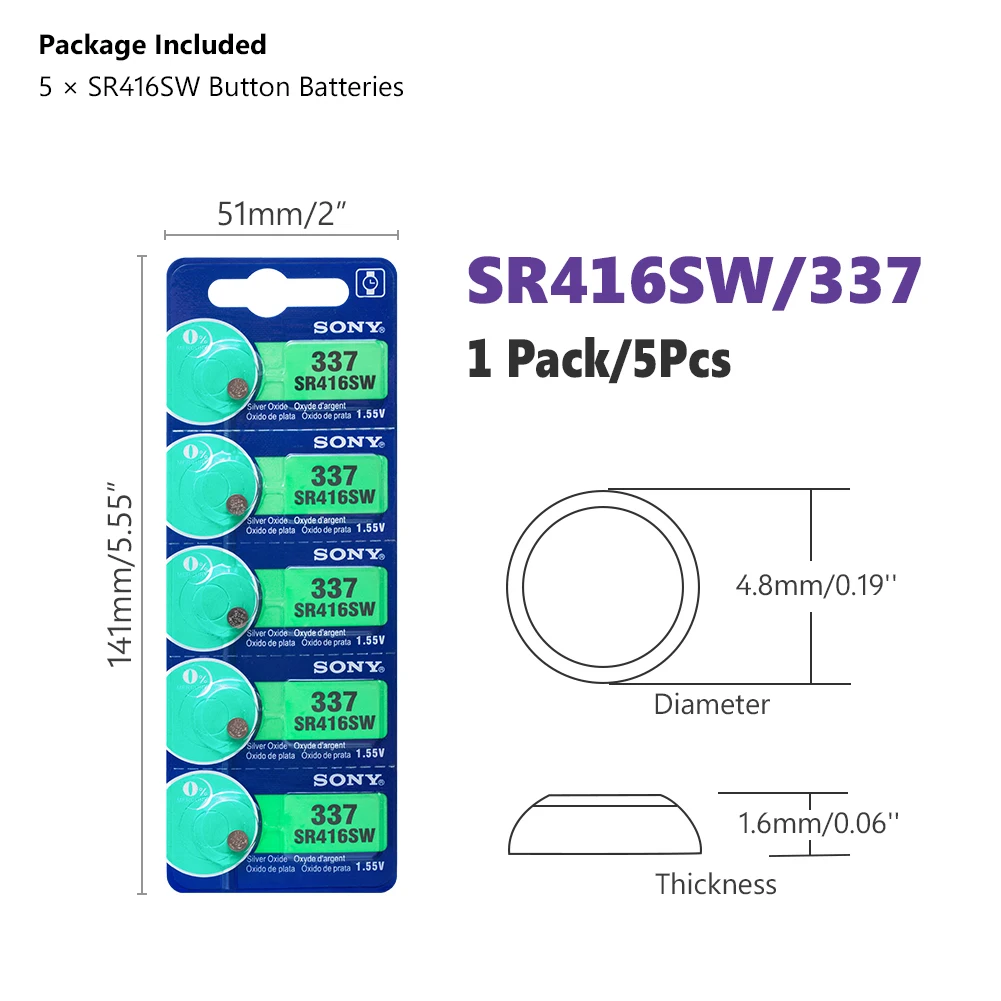 5 шт. для sony 337 SR416SW кнопочные батарейки 1,55 в монета оксид серебра LR416 623 D337 V337 SP337 часы игрушка на батареях