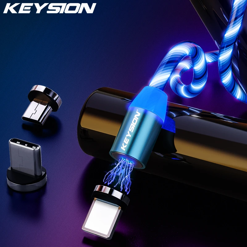 KEYSION Magnetic Flowing Light LED Micro USB Type C Cable for Samsung Xiaomi Phone Charging Wire for iPhone Magnet Charger Cord