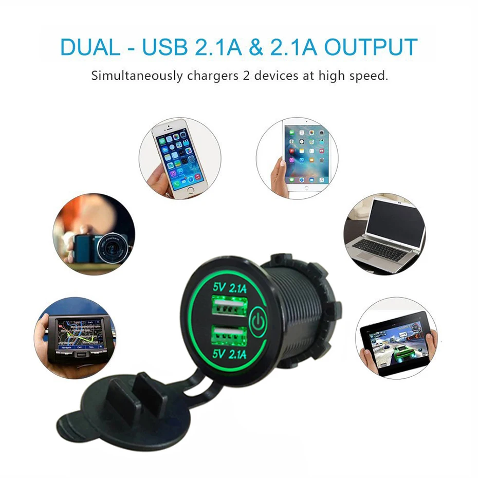 Автомобиля с двумя портами USB Зарядное устройство Крышка для мото Авто Грузовик ATV Лодка 12 V-24 V светодиодный двойной USB разъема штатива Зарядное устройство Мощность адаптер