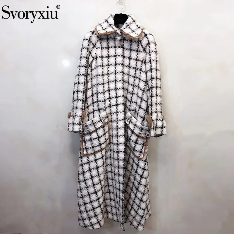 Svoryxiu Runway High-End Custom Herfst Winter Maxi Overjas Uitloper vrouwen Mode Zwart Wit Plaid Warme Lange Jas