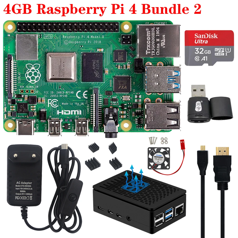 Raspberry Pi 4 Модель B комплект+ ABS чехол+ вентилятор или 3,5 дюймовый сенсорный экран+ 3A type-C Блок питания+ радиатор для Raspberry Pi 4 4B