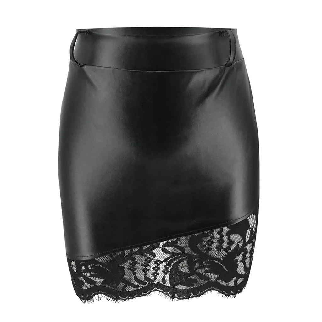 Сексуальная Женская юбка из искусственной кожи,, Черная кружевная Женская Осенняя Зимняя юбка из искусственной кожи, мини юбка-карандаш с высокой талией, Faldas Mujer