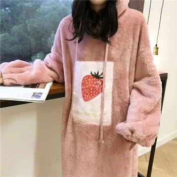 

Winter Pink Cozy Flannel Hooded Sleeping Robes Women Loose Fitting Caroset Plush Warm Soft Night Dressing Gown Lounge Wear 4XL