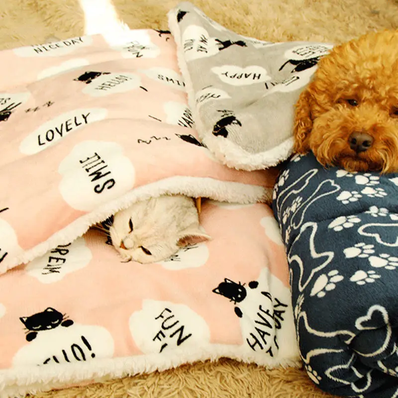 

Pet Soft Fleece Pad Blanket Thickened Bed Mat Cute Print for Puppy Dog Cat Sofa Cushion Home Washable Rug Keep Warm S/M/L/XL
